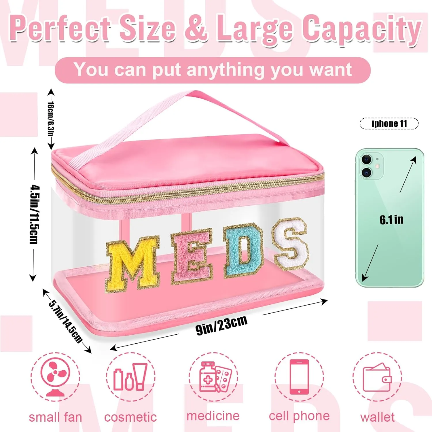 Chenille Letter MEDS Makeup Pouch, Waterproof Portable Medicine Organizer for Travel, Preppy Small Zipper Pouch with Handle, Nylon Nurse Toiletry Bag (MEDS-Pink)