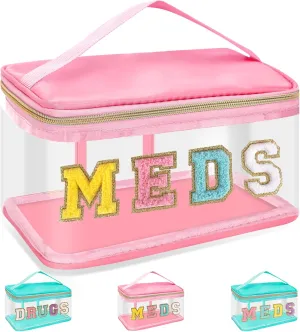 Chenille Letter MEDS Makeup Pouch, Waterproof Portable Medicine Organizer for Travel, Preppy Small Zipper Pouch with Handle, Nylon Nurse Toiletry Bag (MEDS-Pink)