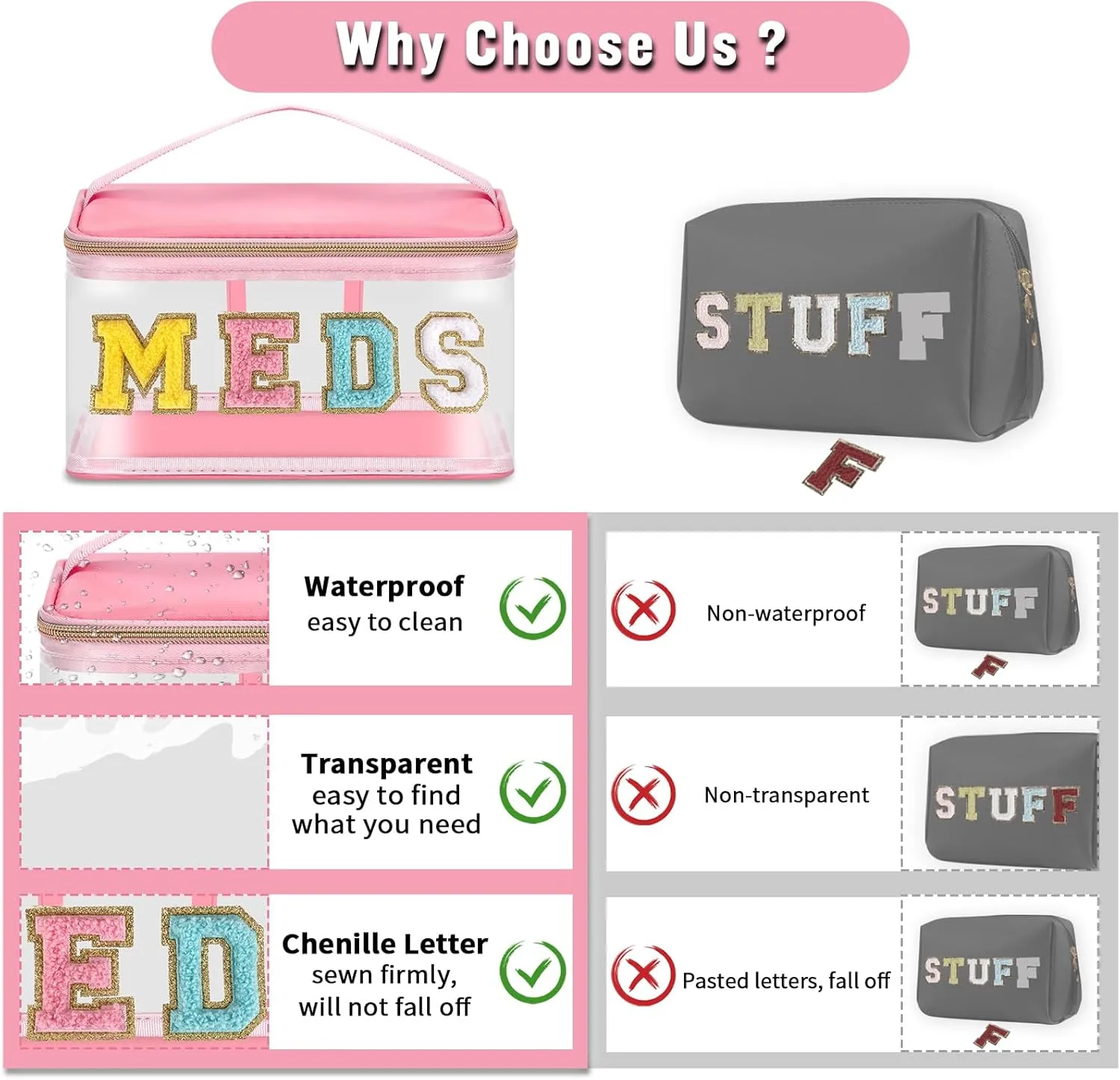Chenille Letter MEDS Makeup Pouch, Waterproof Portable Medicine Organizer for Travel, Preppy Small Zipper Pouch with Handle, Nylon Nurse Toiletry Bag (MEDS-Pink)