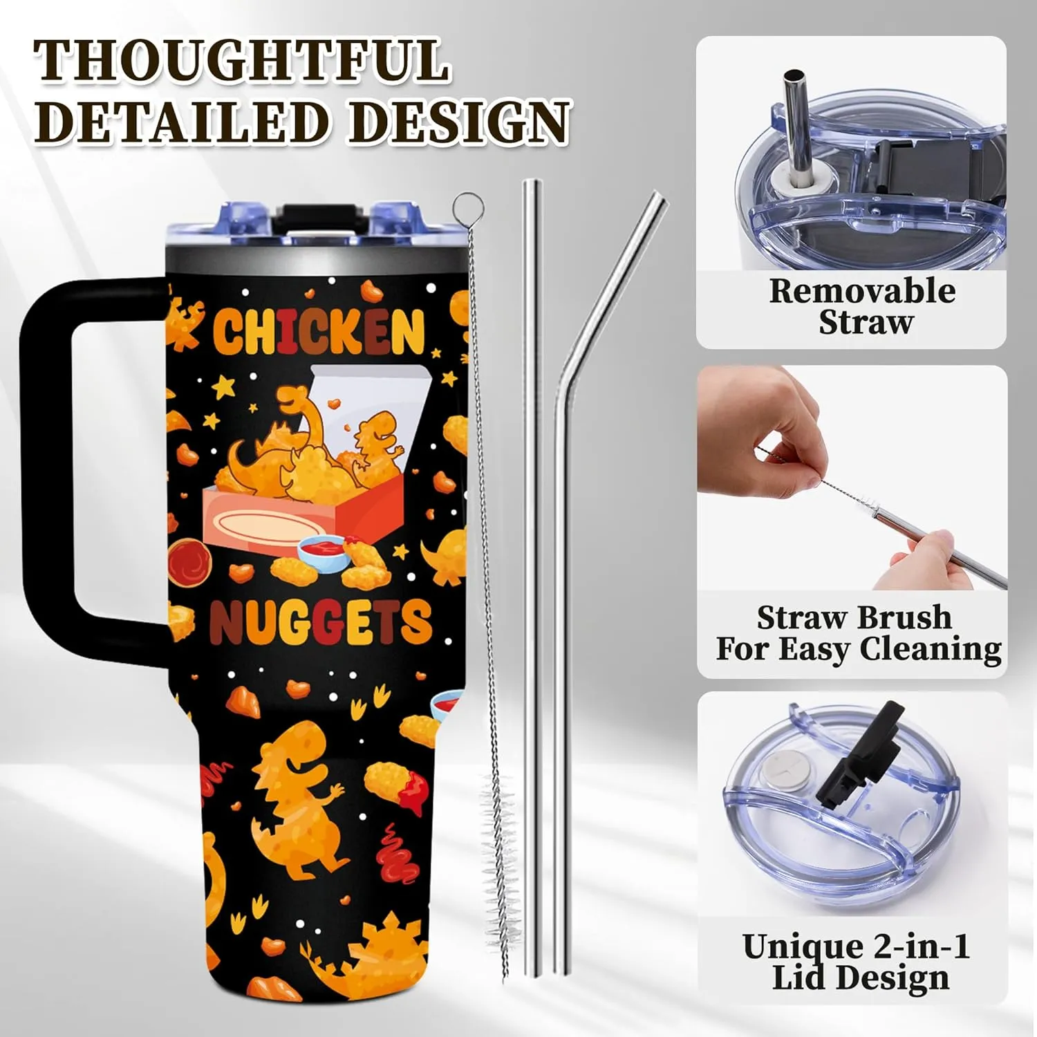 Chicken Nuggets Tumbler for Food Lovers, 40oz Bestie Tumbler with Handle for Kids Adults, Funny Chicken Nugget Themed Gift for Boys, Girls, Friendship Gifts for Women