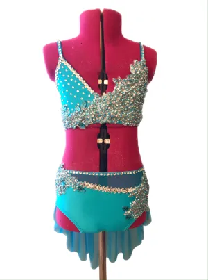 CHILD LARGE turquoise two piece competition dance costume lyrical or contemporary