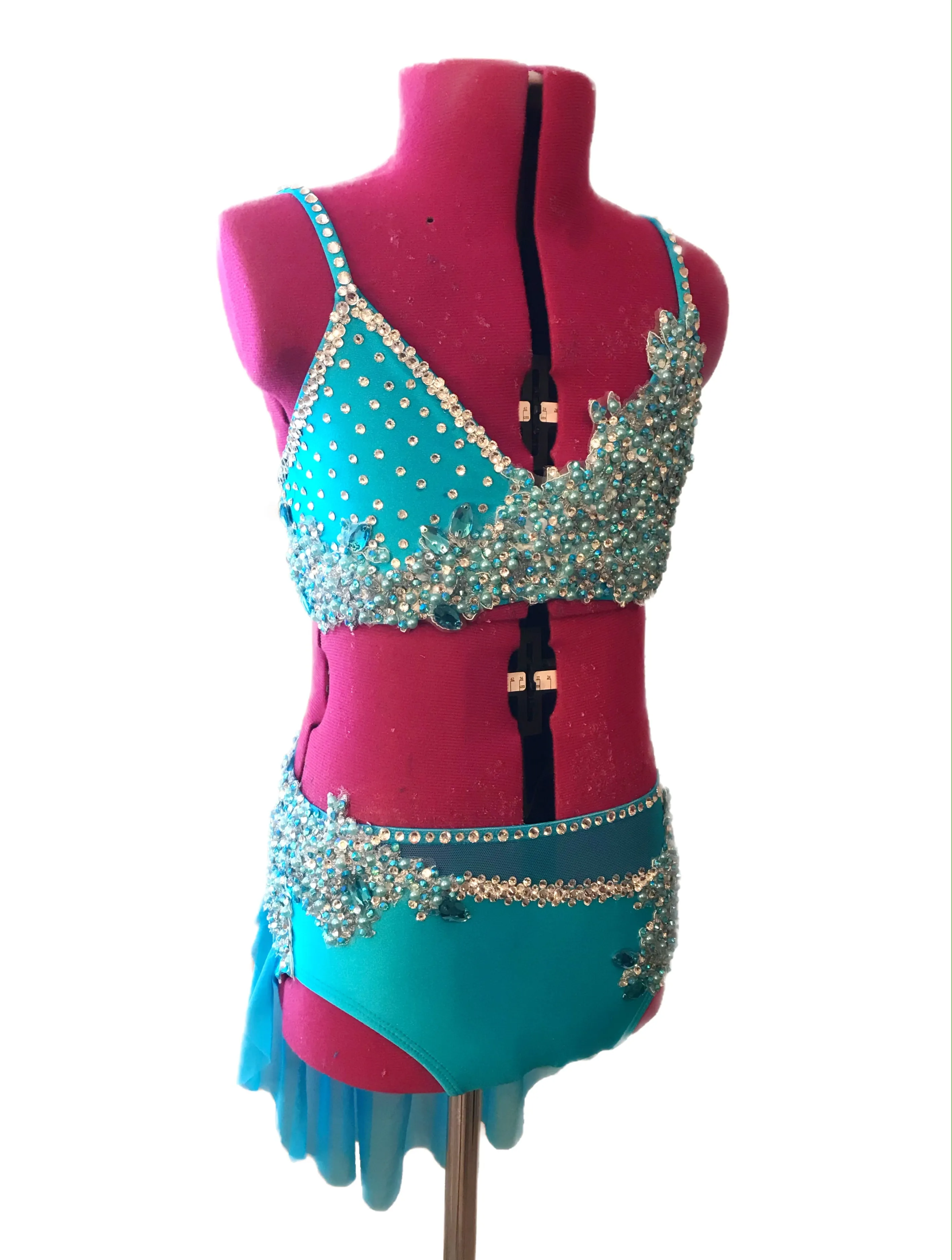 CHILD LARGE turquoise two piece competition dance costume lyrical or contemporary
