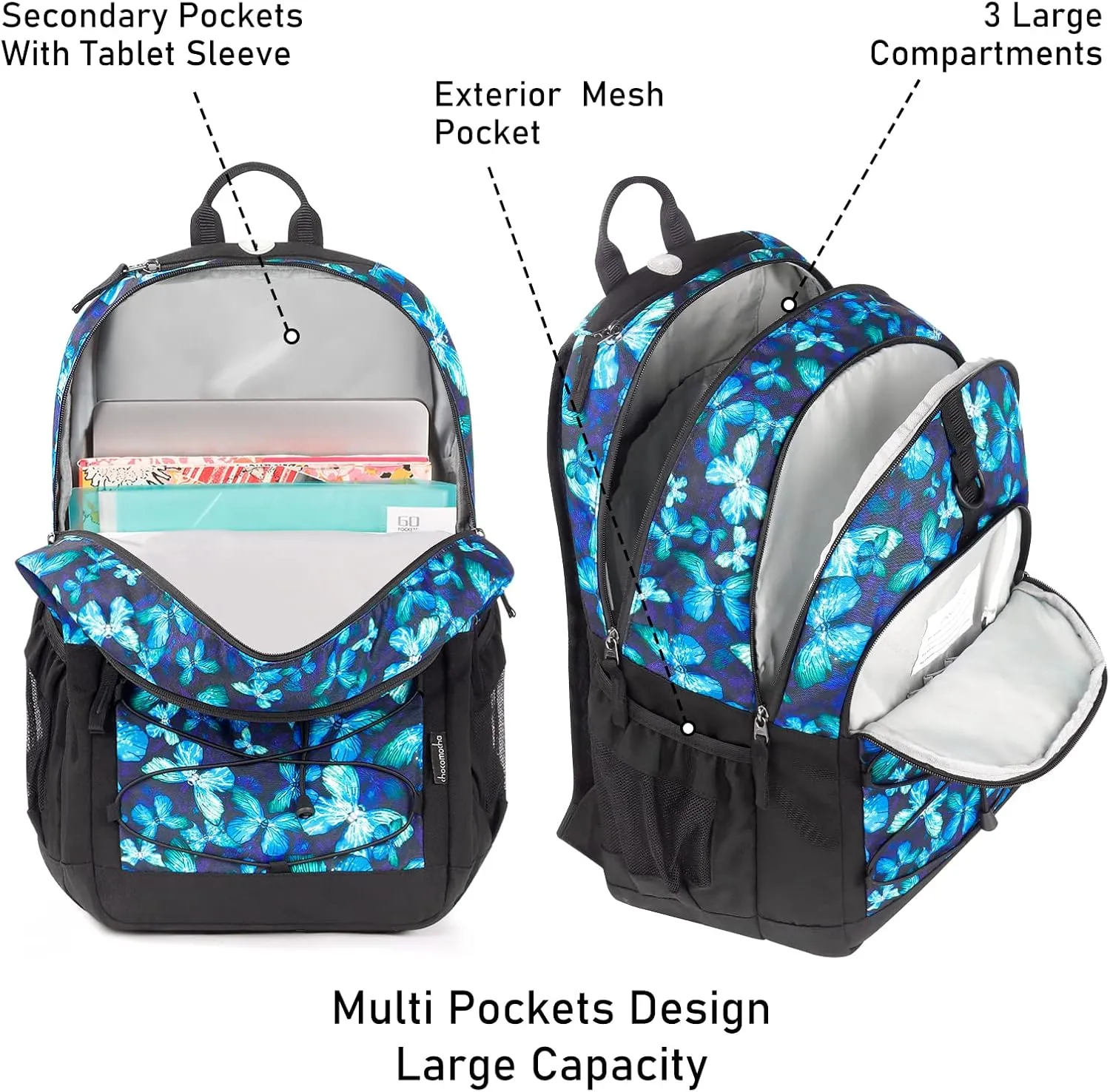Choco Mocha Butterfly Backpack for Teen Girls, Travel School Backpack for Girls Middle School Large Bookbag 18 Inch, Black
