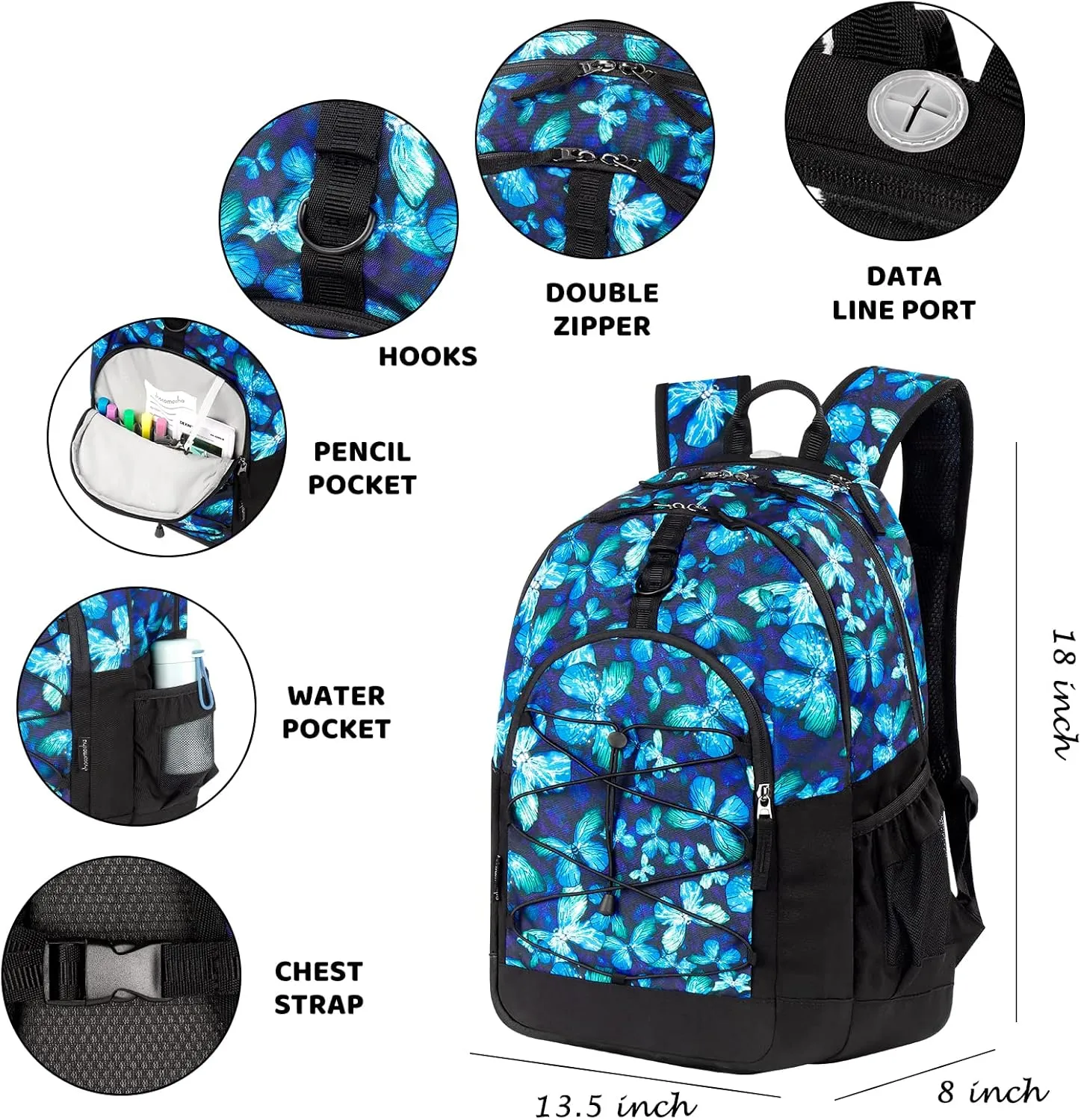 Choco Mocha Butterfly Backpack for Teen Girls, Travel School Backpack for Girls Middle School Large Bookbag 18 Inch, Black