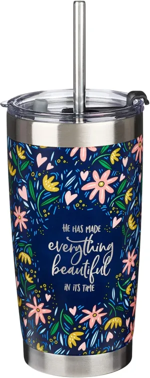 Christian Art Gifts Stainless Steel Double-Wall Vacuum Insulated Tumbler w/Straw & Lid 18 oz Navy Floral Inspirational Bible Verse Travel Mug for Women - Everything Beautiful - Ecc. 3:11