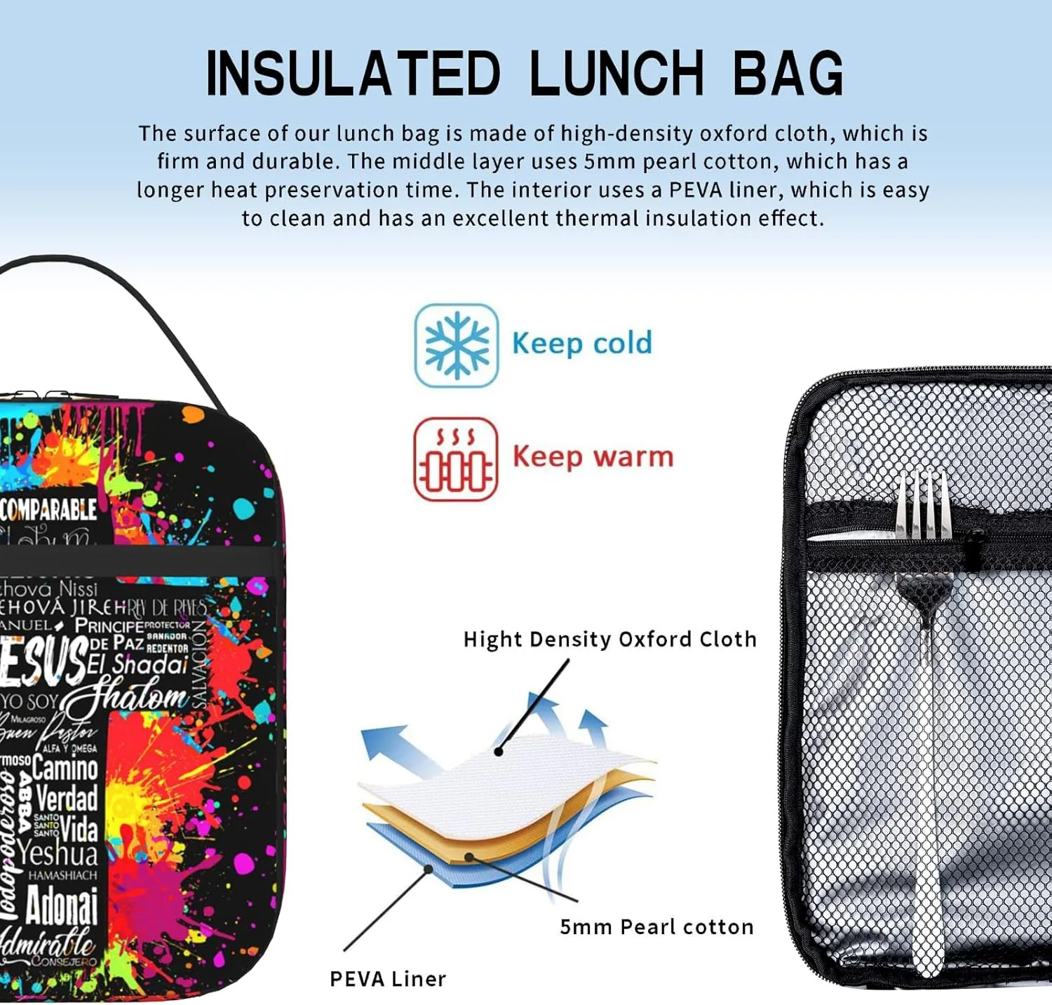 Christian Religious Insulated Lunch Bag Spiritual Abstract Art with Jesus Bible Verses Lunch Box Leakproof Reusable Cooler Tote for Office Work School Picnic