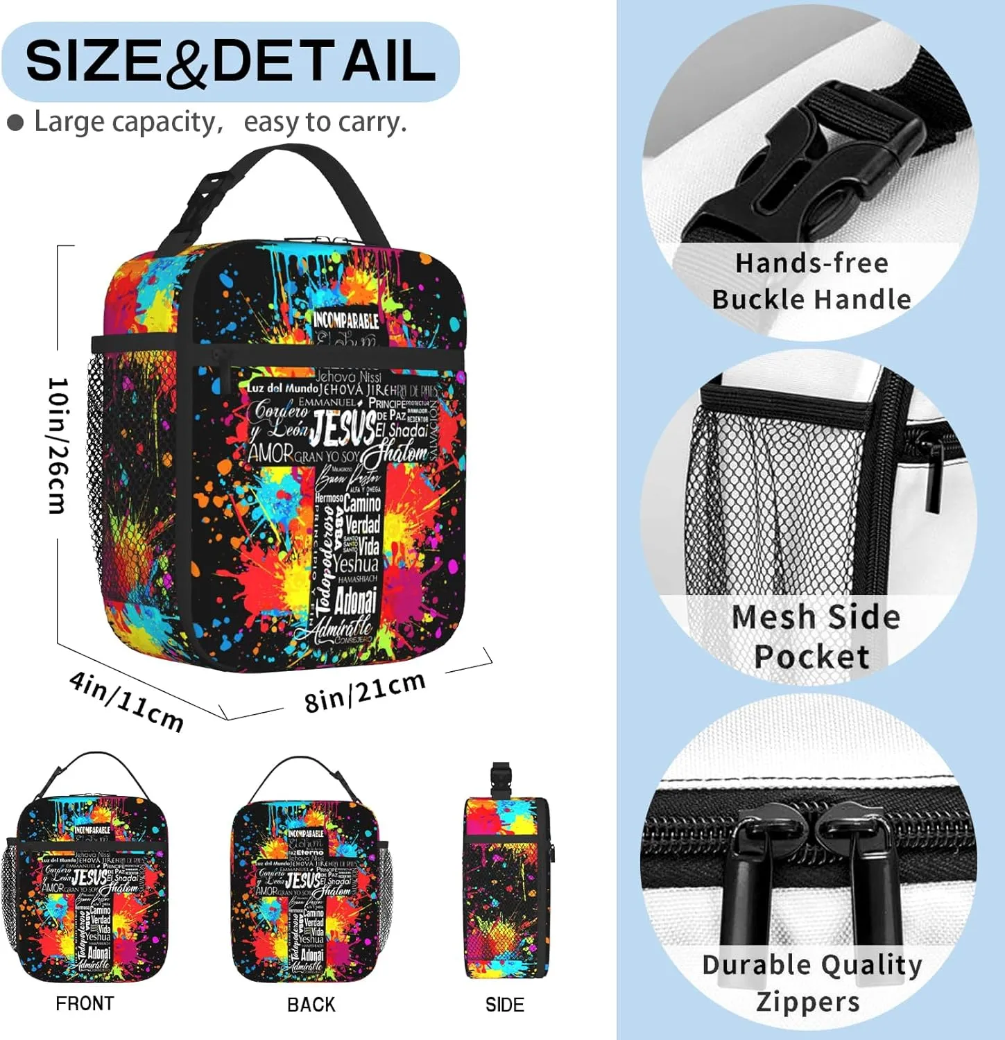 Christian Religious Insulated Lunch Bag Spiritual Abstract Art with Jesus Bible Verses Lunch Box Leakproof Reusable Cooler Tote for Office Work School Picnic