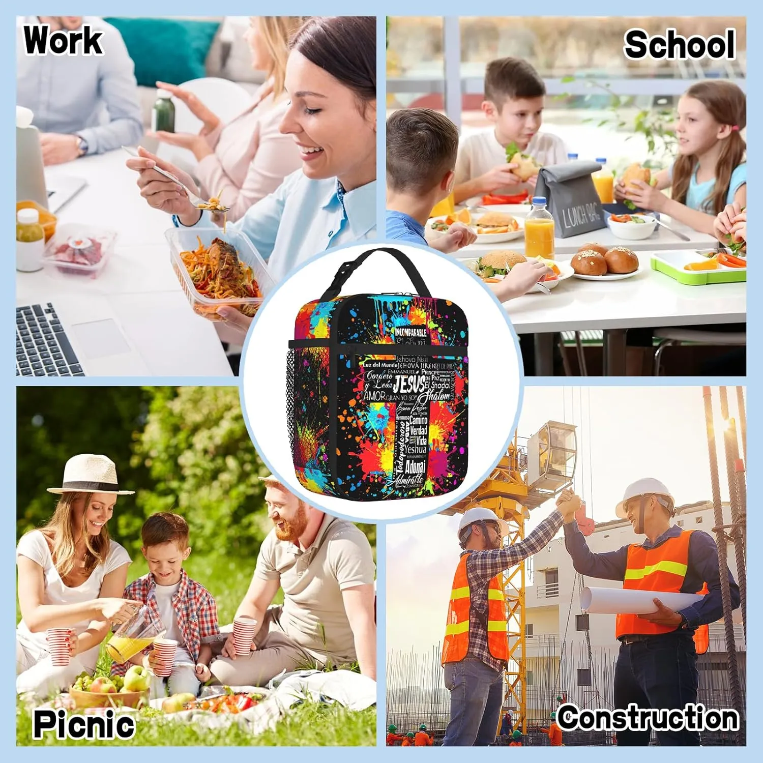 Christian Religious Insulated Lunch Bag Spiritual Abstract Art with Jesus Bible Verses Lunch Box Leakproof Reusable Cooler Tote for Office Work School Picnic