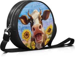 Circle Purse for Women Leather Crossbody Round Bag Zipper Round Wallet Clutch Purse Lightweight Shoulder Tote Bag