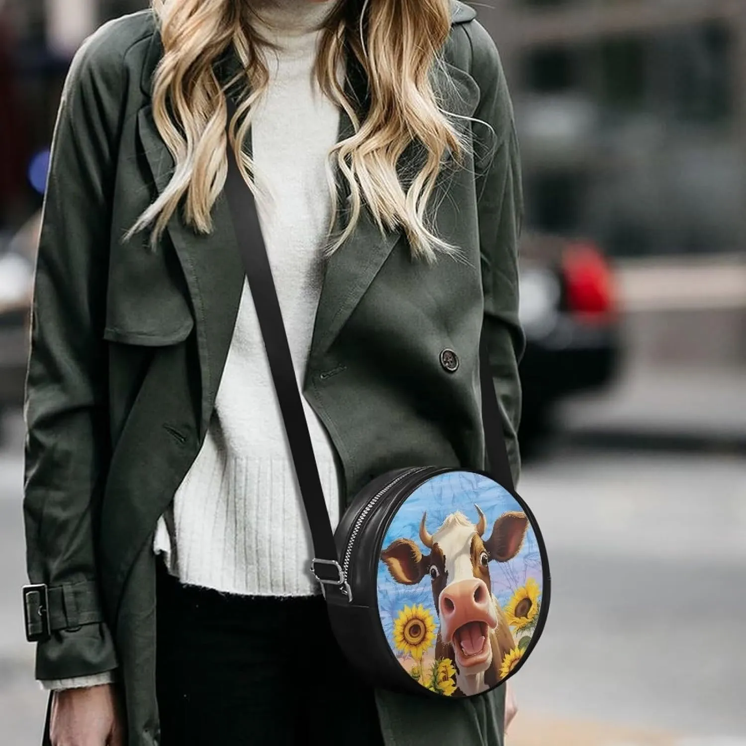 Circle Purse for Women Leather Crossbody Round Bag Zipper Round Wallet Clutch Purse Lightweight Shoulder Tote Bag