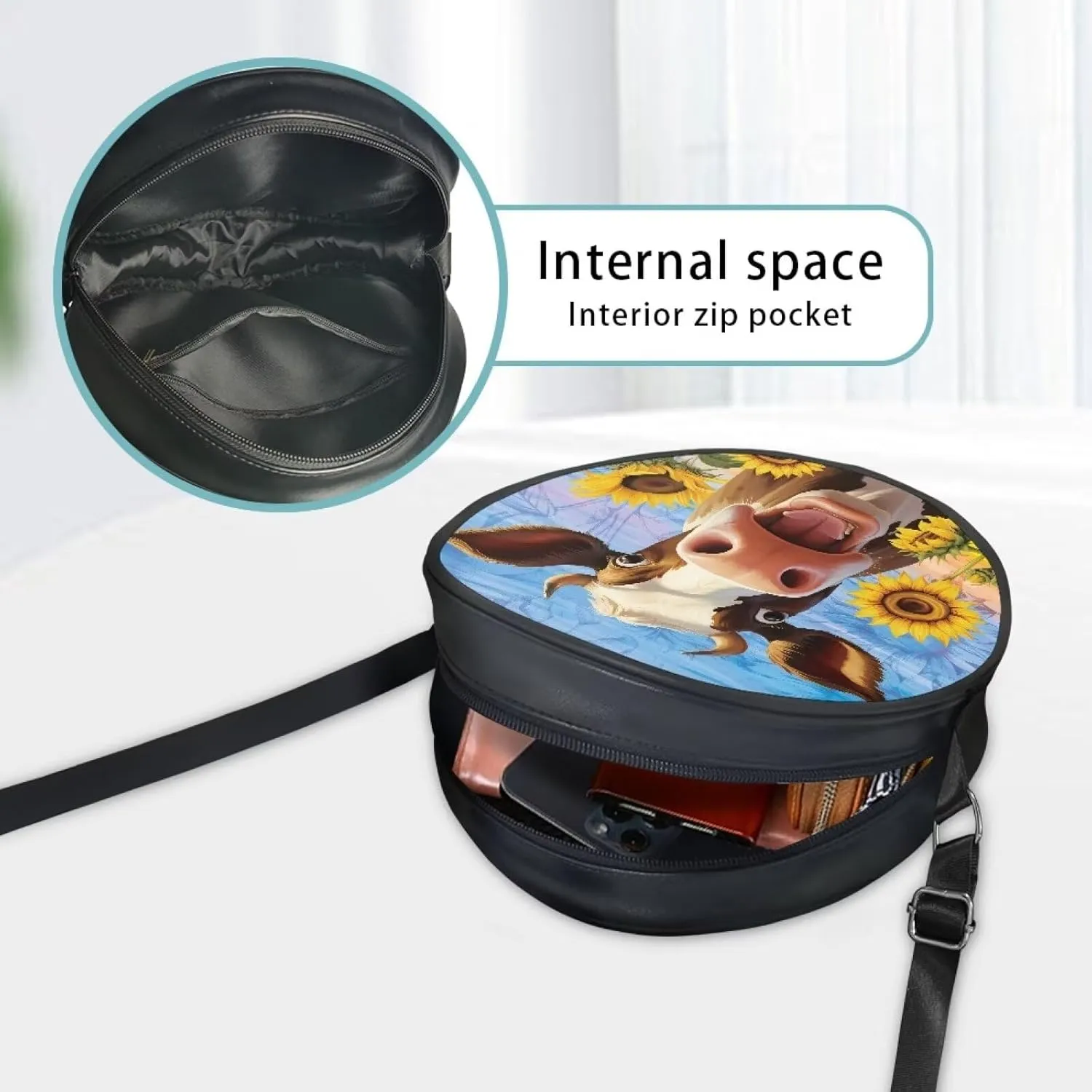 Circle Purse for Women Leather Crossbody Round Bag Zipper Round Wallet Clutch Purse Lightweight Shoulder Tote Bag