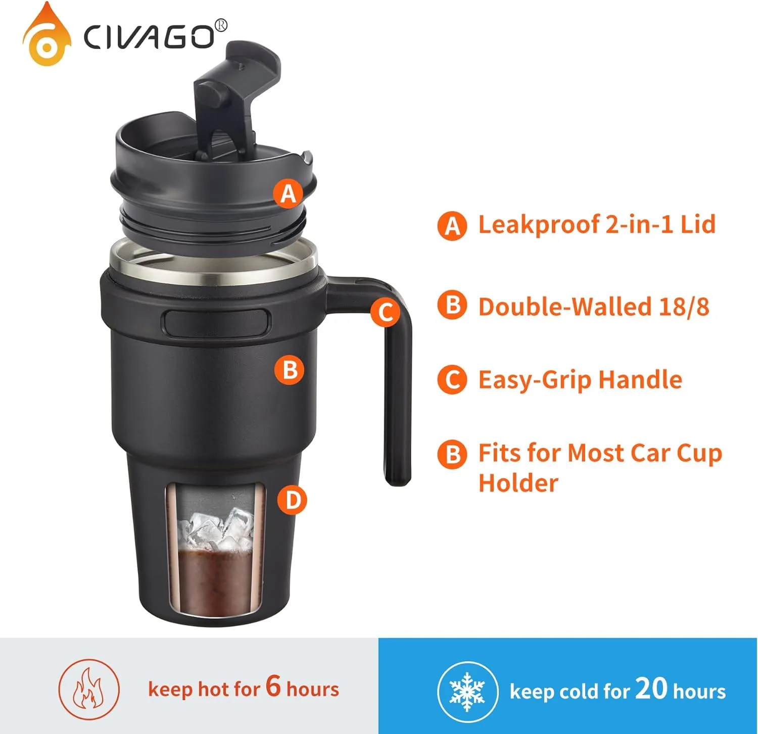 CIVAGO 20 oz Tumbler Mug with Lid and Straw, Insulated Travel Coffee Mug with Handle, Double Wall Stainless Steel Vacuum Coffee Tumbler, Thermal Coffee Cup, Flip lid, Dark Rainbow