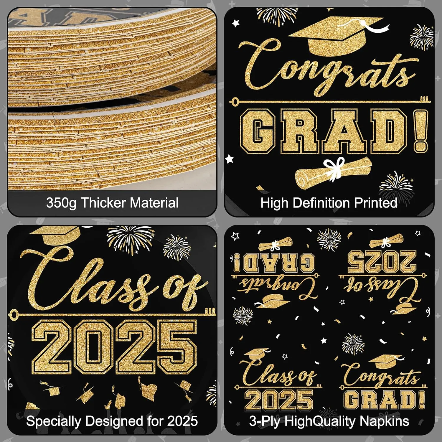 Class of 2025 Graduation Party Supplies - Congrats Grad Tableware Set, Black and Gold Graduation Paper Dessert Plates and Napkins for Graduations Table Decorations 2025 Grad Party Decor, Serves 50