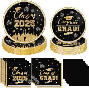 Class of 2025 Graduation Party Supplies - Congrats Grad Tableware Set, Black and Gold Graduation Paper Dessert Plates and Napkins for Graduations Table Decorations 2025 Grad Party Decor, Serves 50
