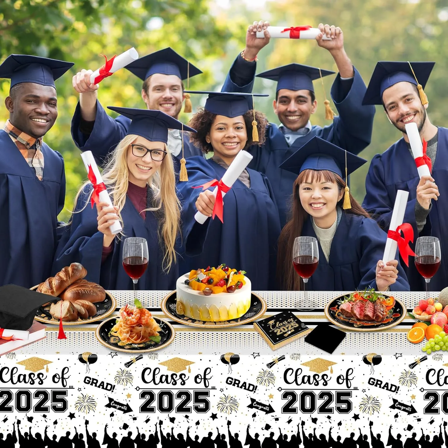 Class of 2025 Graduation Party Supplies - Congrats Grad Tableware Set, Black and Gold Graduation Paper Dessert Plates and Napkins for Graduations Table Decorations 2025 Grad Party Decor, Serves 50