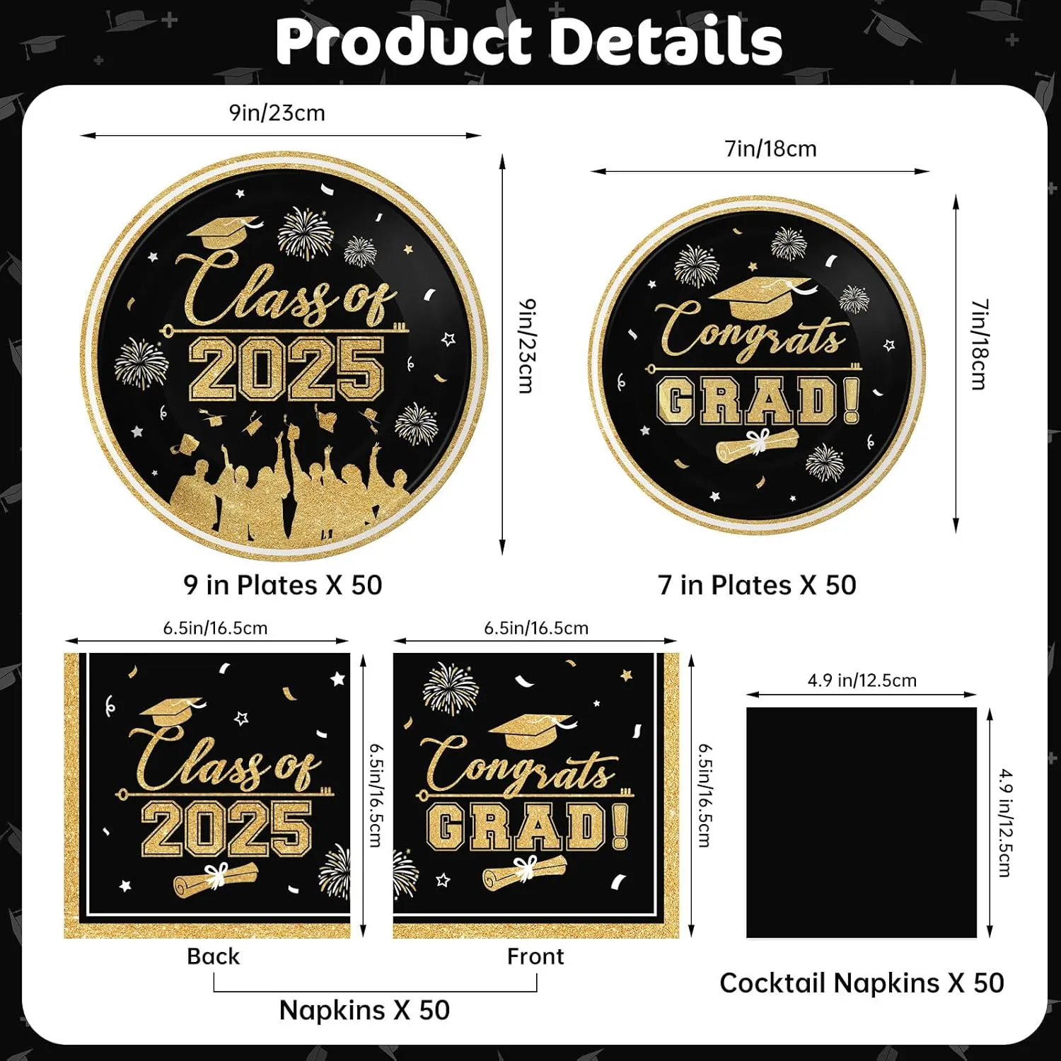 Class of 2025 Graduation Party Supplies - Congrats Grad Tableware Set, Black and Gold Graduation Paper Dessert Plates and Napkins for Graduations Table Decorations 2025 Grad Party Decor, Serves 50