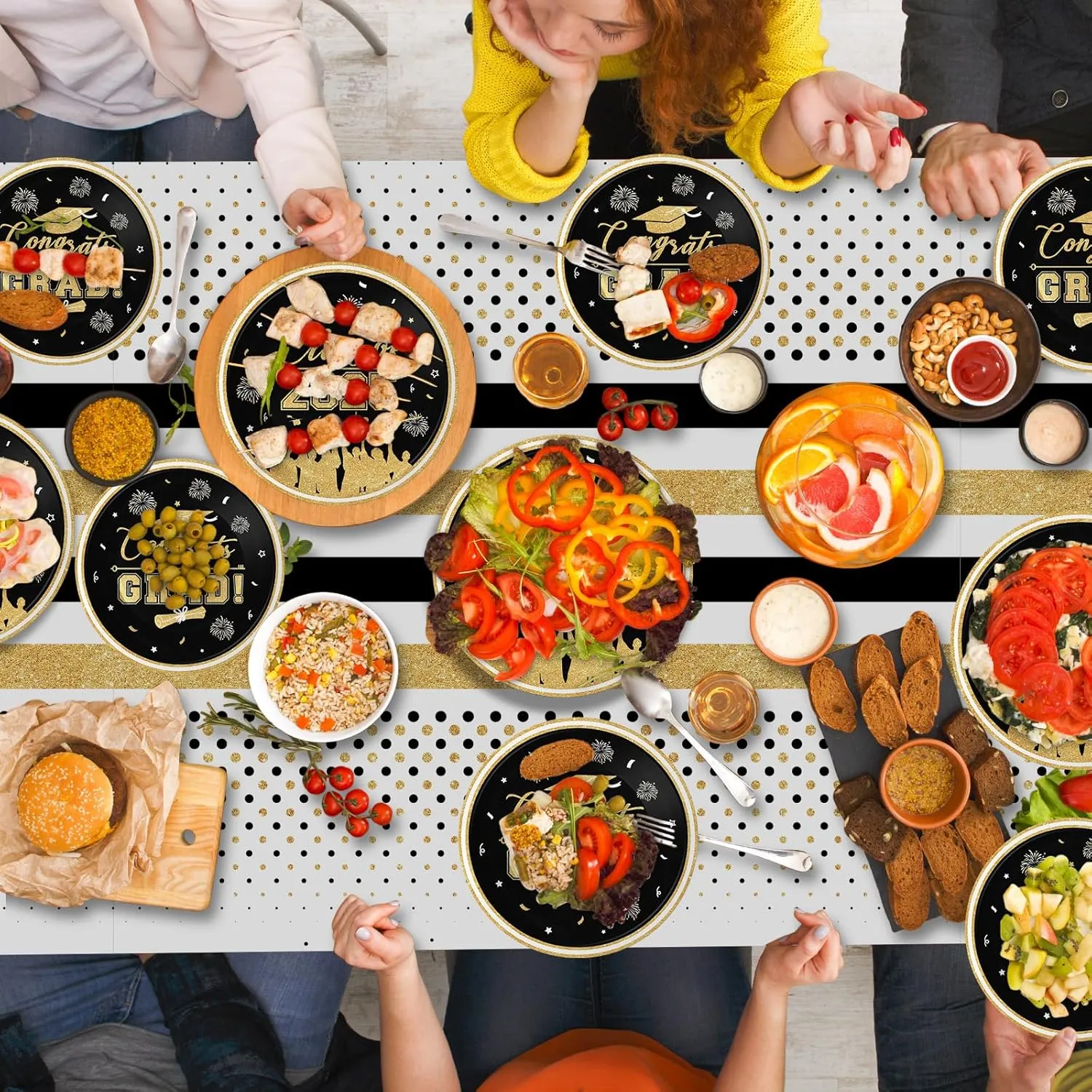 Class of 2025 Graduation Party Supplies - Congrats Grad Tableware Set, Black and Gold Graduation Paper Dessert Plates and Napkins for Graduations Table Decorations 2025 Grad Party Decor, Serves 50