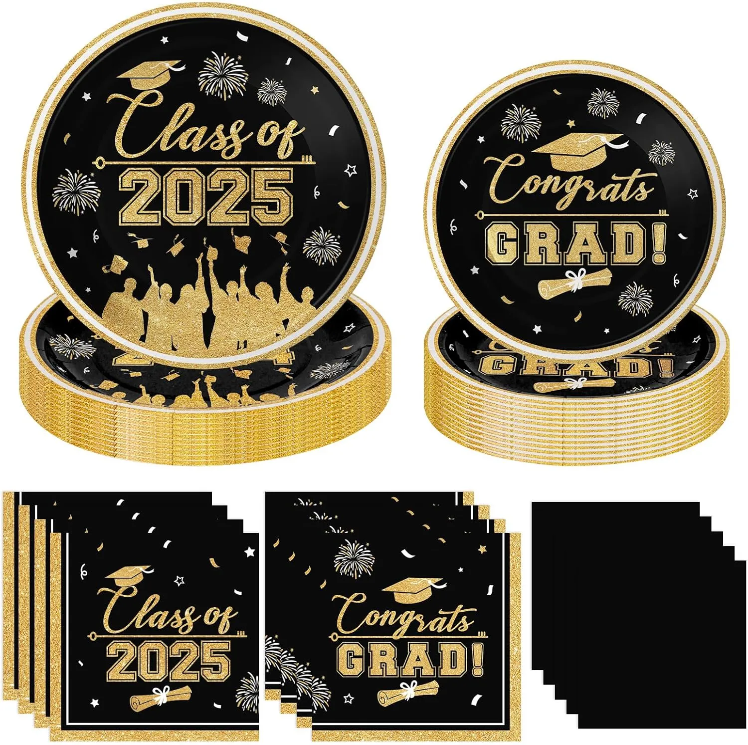 Class of 2025 Graduation Party Supplies - Congrats Grad Tableware Set, Black and Gold Graduation Paper Dessert Plates and Napkins for Graduations Table Decorations 2025 Grad Party Decor, Serves 50