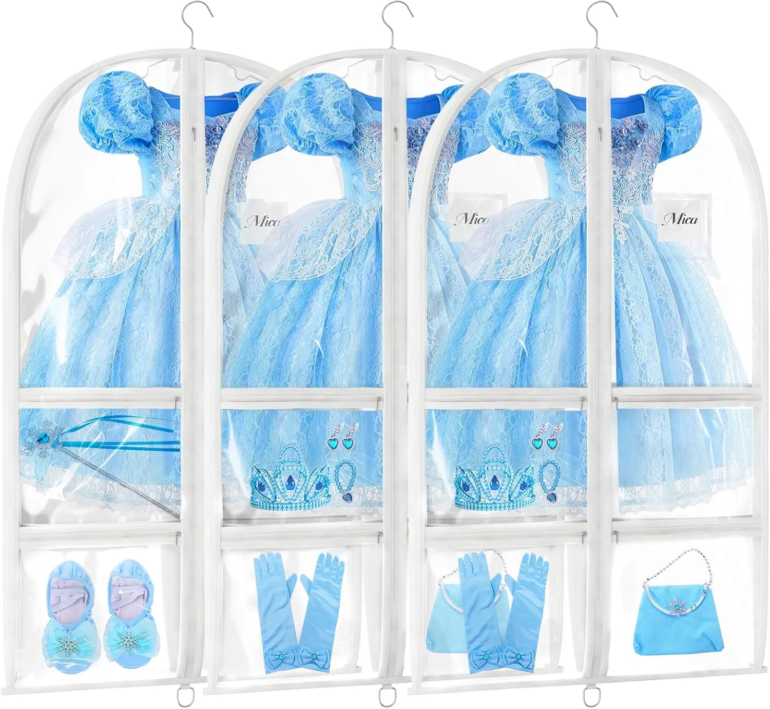 Clear Dance Costume Garment Bag (3 Pack), 40” PVC Kids Garment Bag for Competitions, with 4 Medium Clear Zipper Pockets & 2 Large Back Pocket PVC, White