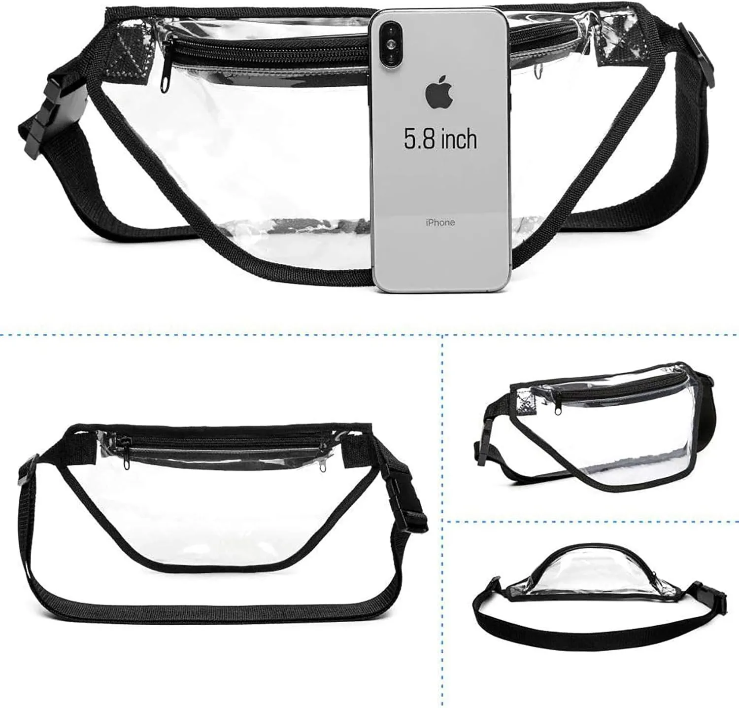 Clear Fanny Pack, BuyAgain Clear Transparent Waterproof Stadium Approved Waist Fashion Pouch Bag for Women Men Concerts Work office Sports Travel and Daily Use