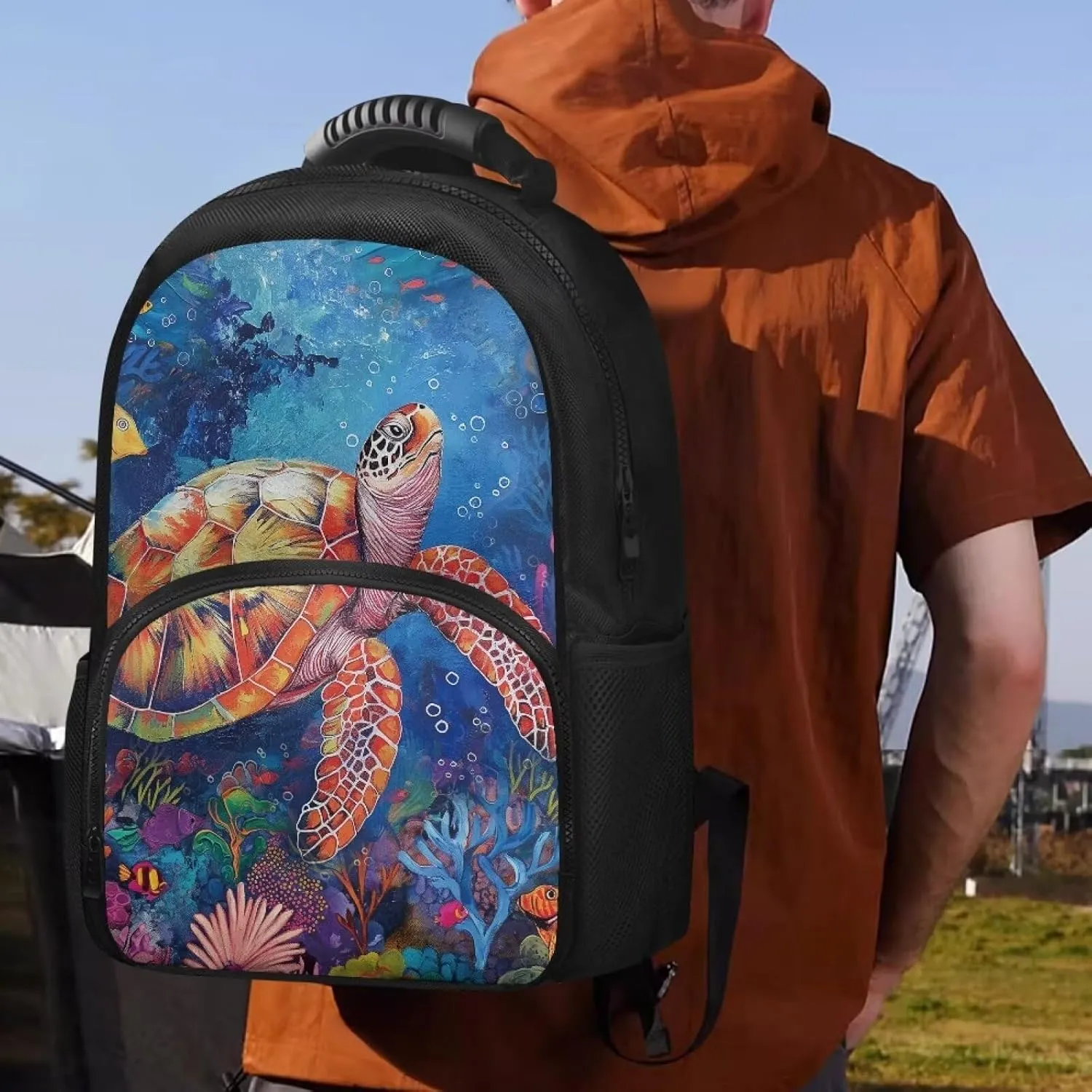 COEQINE Boho Backpack For Women With Lunch Compartment Paint Splatter Turtle Bacpacl for Travel Hiking Camping Leafproof Work Backpack Protector Laptop And Keep Food Warm