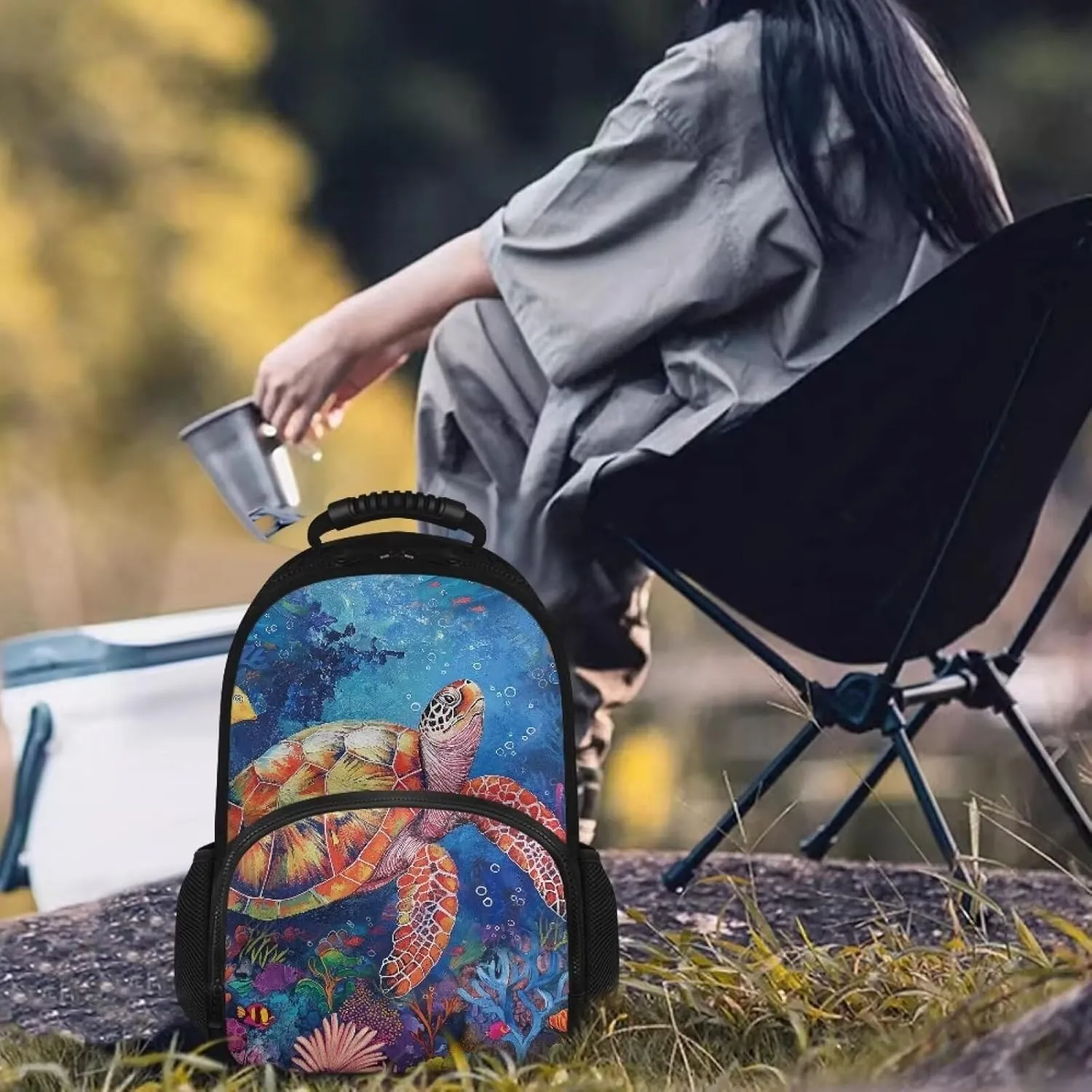 COEQINE Boho Backpack For Women With Lunch Compartment Paint Splatter Turtle Bacpacl for Travel Hiking Camping Leafproof Work Backpack Protector Laptop And Keep Food Warm