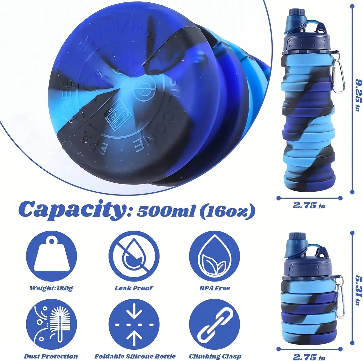 Collapsible Sports Water Bottles 500ml 16oz,Leak Proof Twist Cap BPA Free Retractable for Home Outdoor,Biking,Hiking Portable Water Bottle Cups(1)