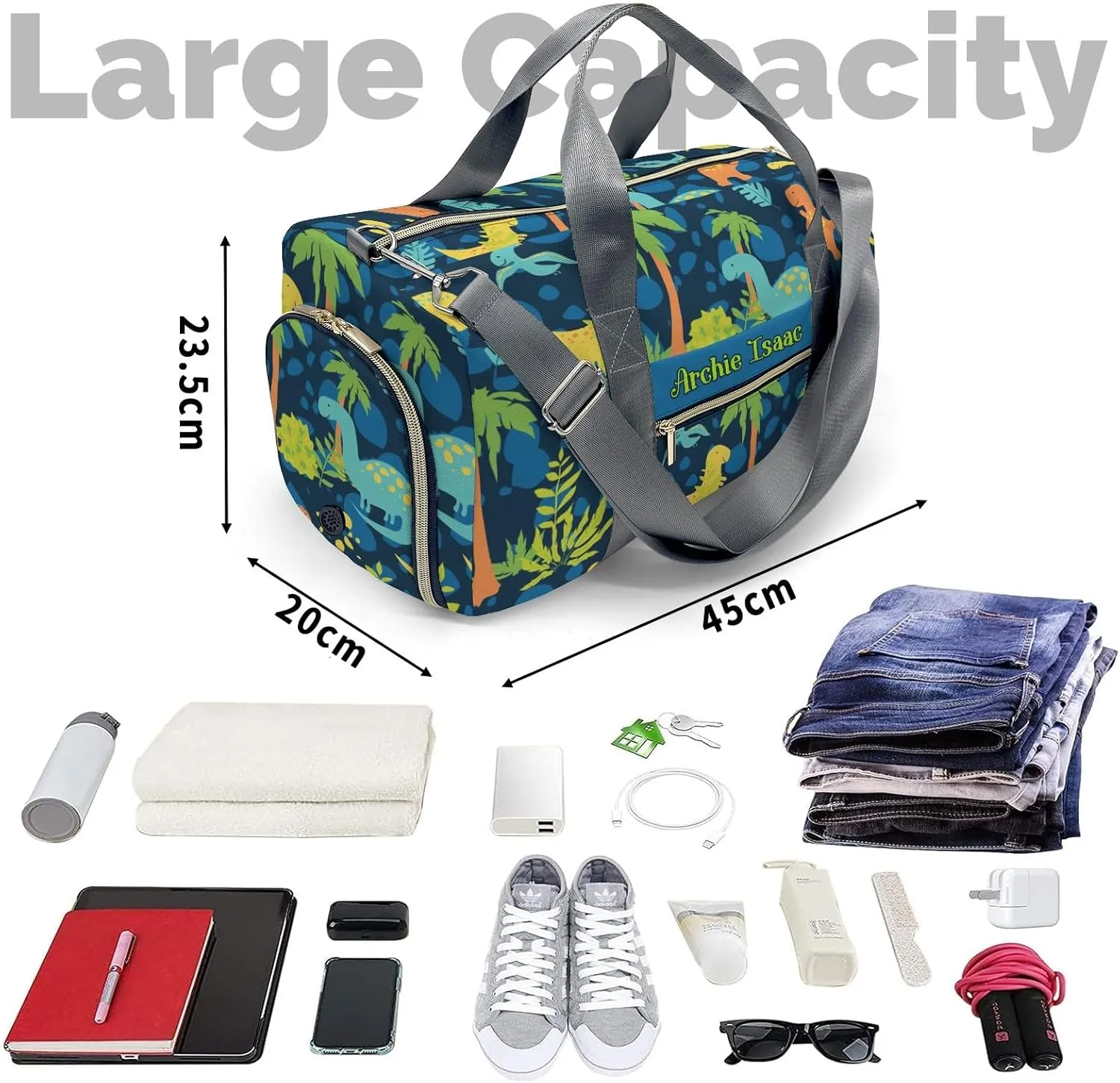 Colorful Dinosaur Palm Tree Personalized Duffel Bags Customized Multi-Function Travel Bag Gym Sports Bag Dance Ballet Overnight Carry On Weekend Bag