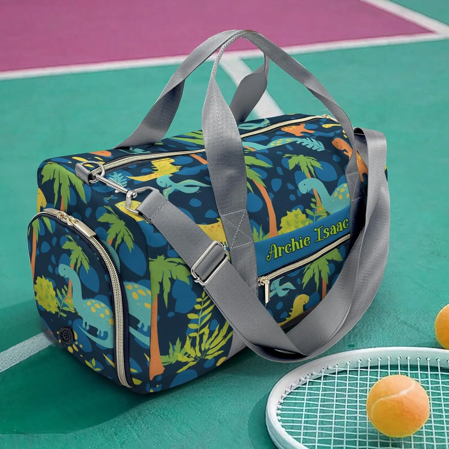Colorful Dinosaur Palm Tree Personalized Duffel Bags Customized Multi-Function Travel Bag Gym Sports Bag Dance Ballet Overnight Carry On Weekend Bag