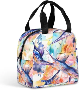 Colorful Marlin Sailfish Watercolor Funny Insulated Lunch Bag Meal Box Container Portable Tote Bag with Handle for Women Men