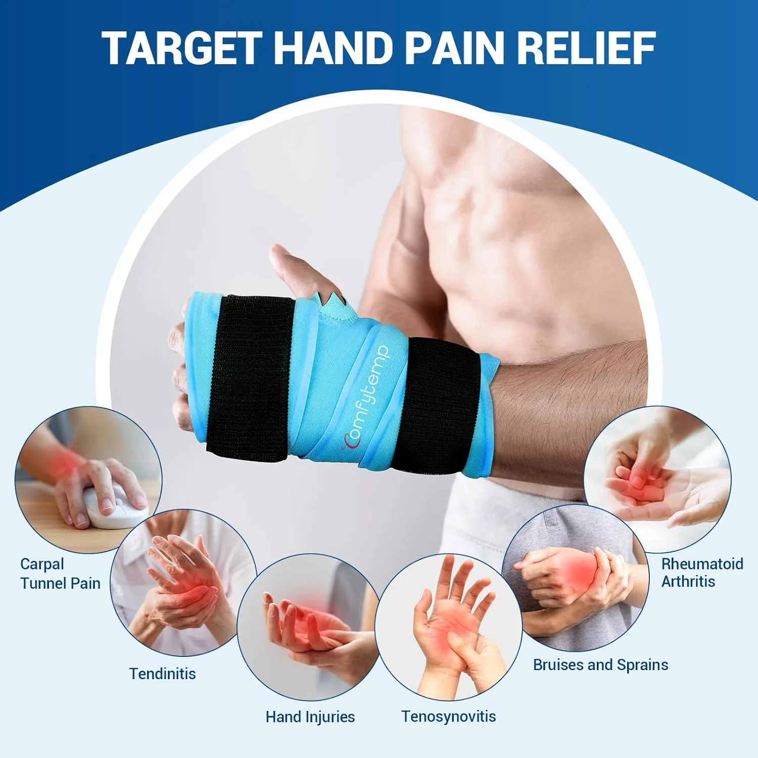 Comfytemp Full Hand Wrist Ice Pack Wrap for Carpal Tunnel Relief, FSA HSA Eligible, 33" Wrist Brace Reusable Compression Hand Support for Injuries, Tendonitis, Arthritis, Swelling, Cold Hot Therapy