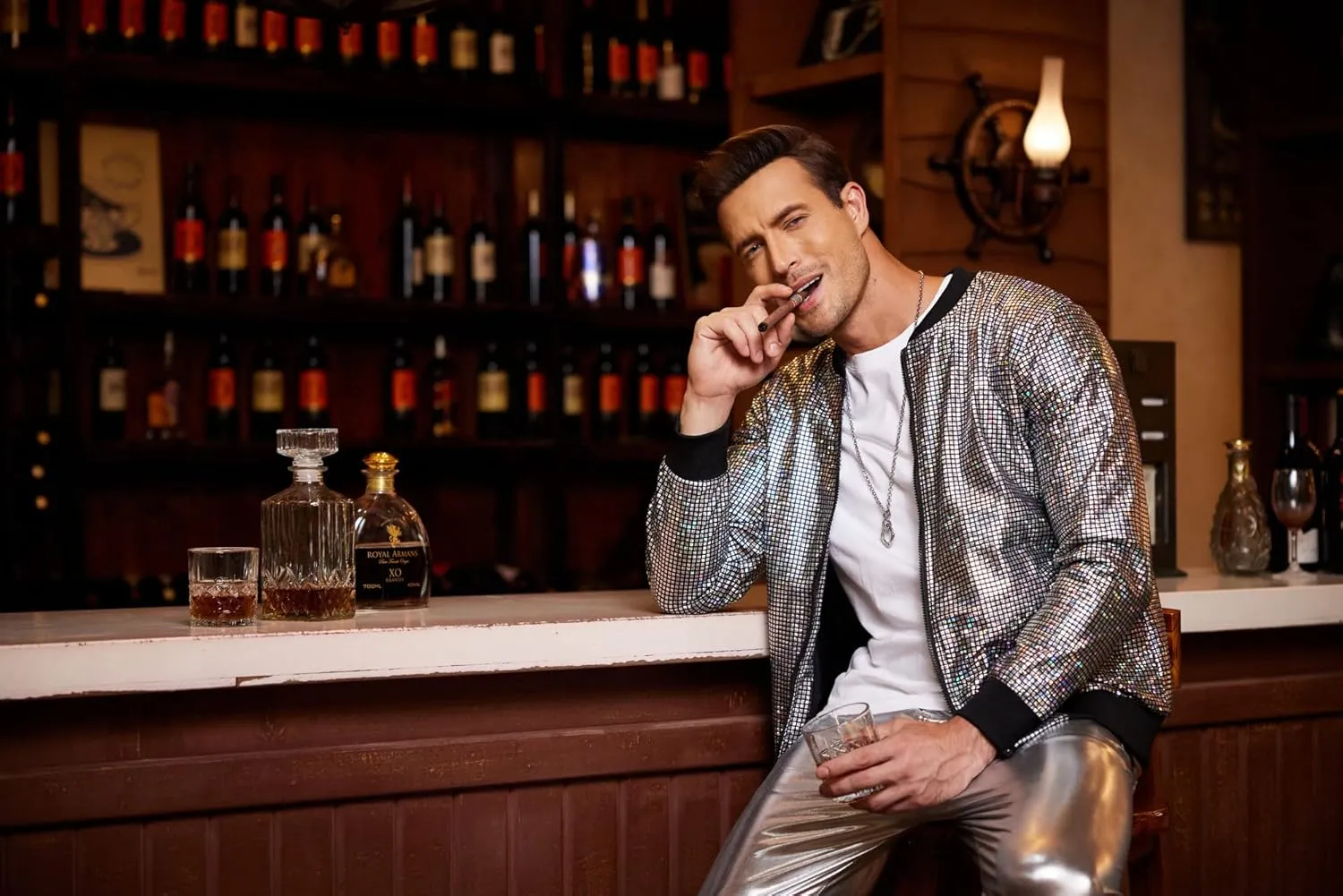 COOFANDY Men's Metallic Jacket 70s Disco Party Varsity Jacket Zip-up Baseball Bomber