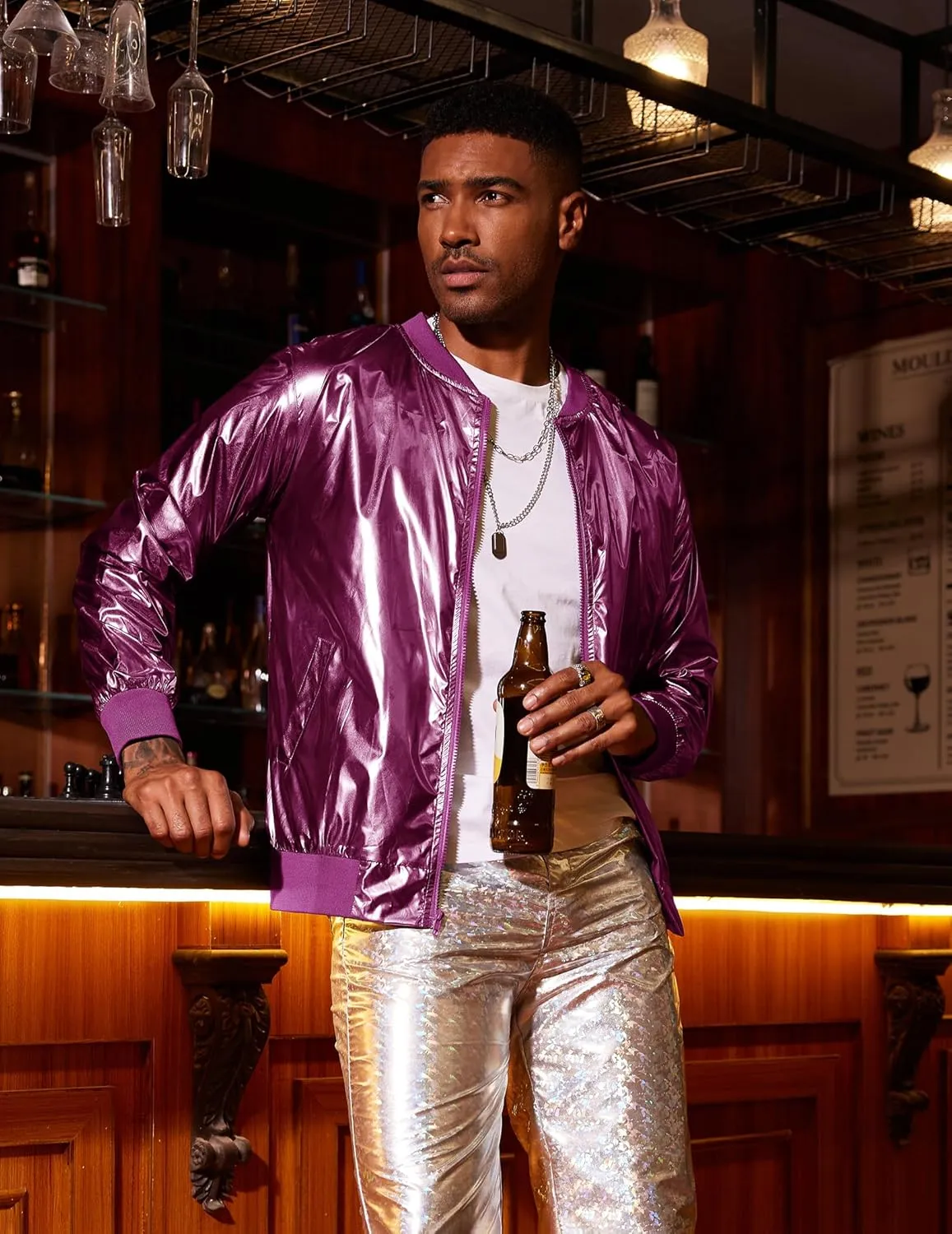 COOFANDY Men's Metallic Jacket 70s Disco Party Varsity Jacket Zip-up Baseball Bomber