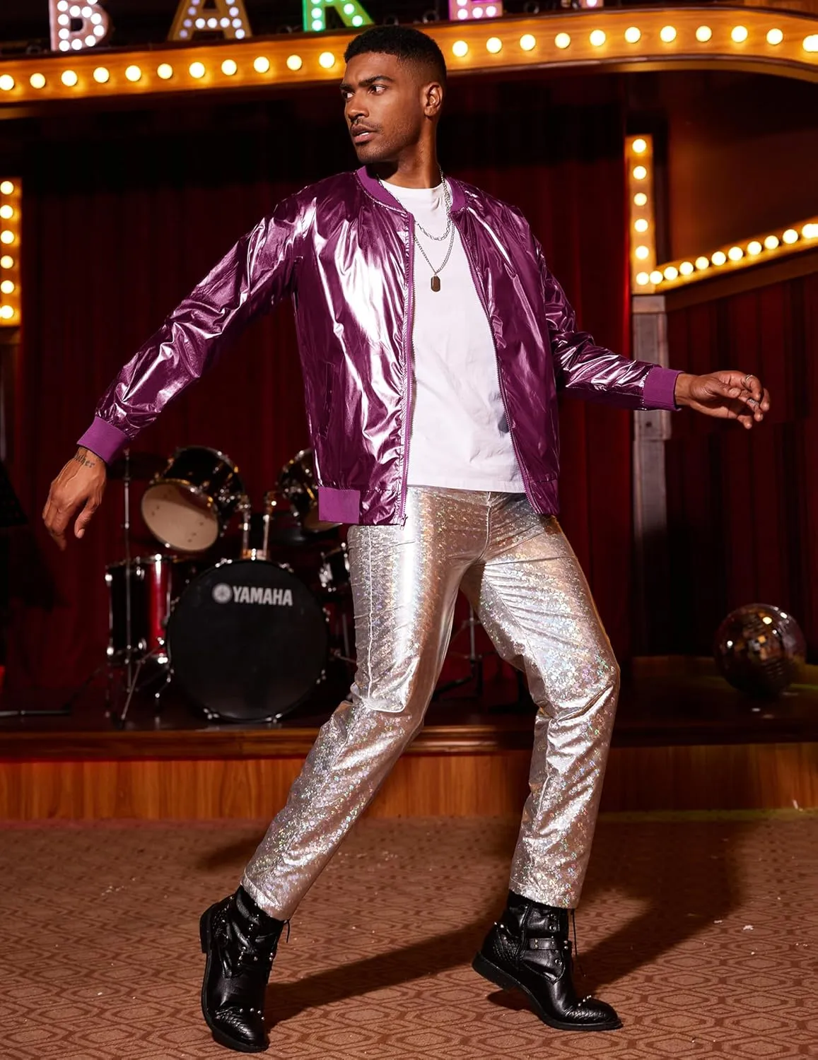 COOFANDY Men's Metallic Jacket 70s Disco Party Varsity Jacket Zip-up Baseball Bomber