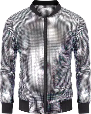 COOFANDY Men's Metallic Jacket 70s Disco Party Varsity Jacket Zip-up Baseball Bomber