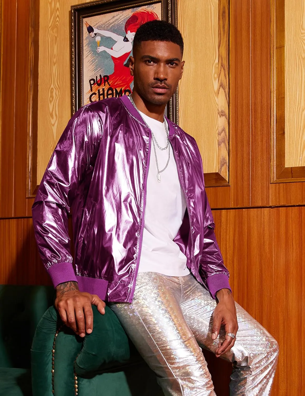COOFANDY Men's Metallic Jacket 70s Disco Party Varsity Jacket Zip-up Baseball Bomber