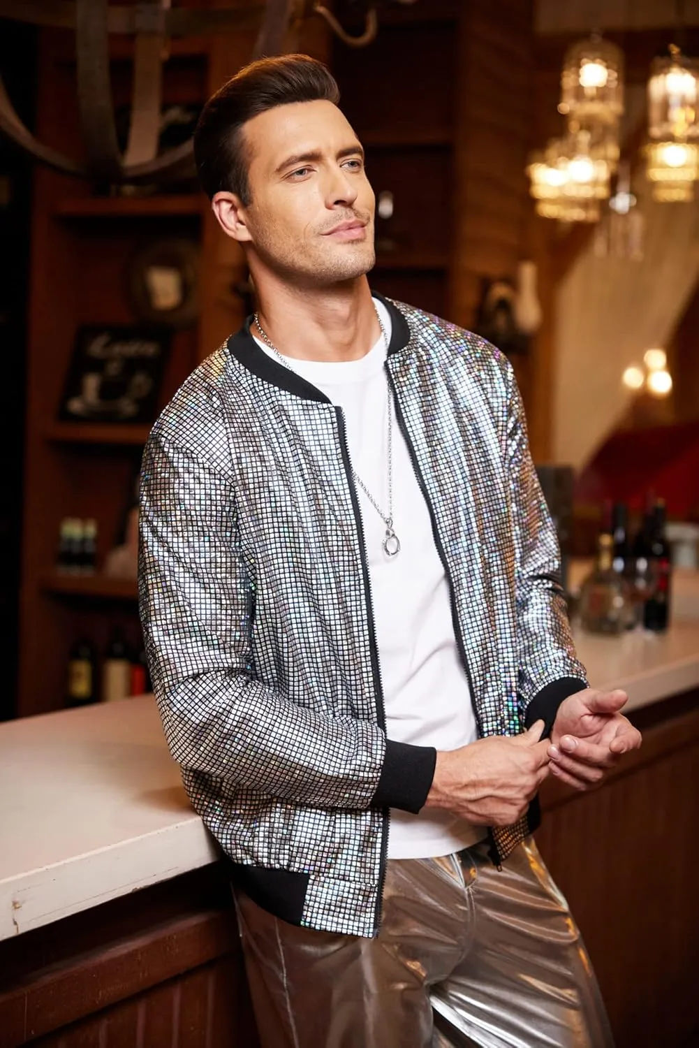 COOFANDY Men's Metallic Jacket 70s Disco Party Varsity Jacket Zip-up Baseball Bomber
