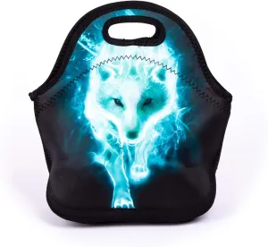 Cool Cyan Wolf Lunch Bag Blue Walking Wolf Lunch Bags for Women Kids Girls Teen Boys Insulated Waterproof Lunch Tote Animal Printed Box for Work Travel and Picnic