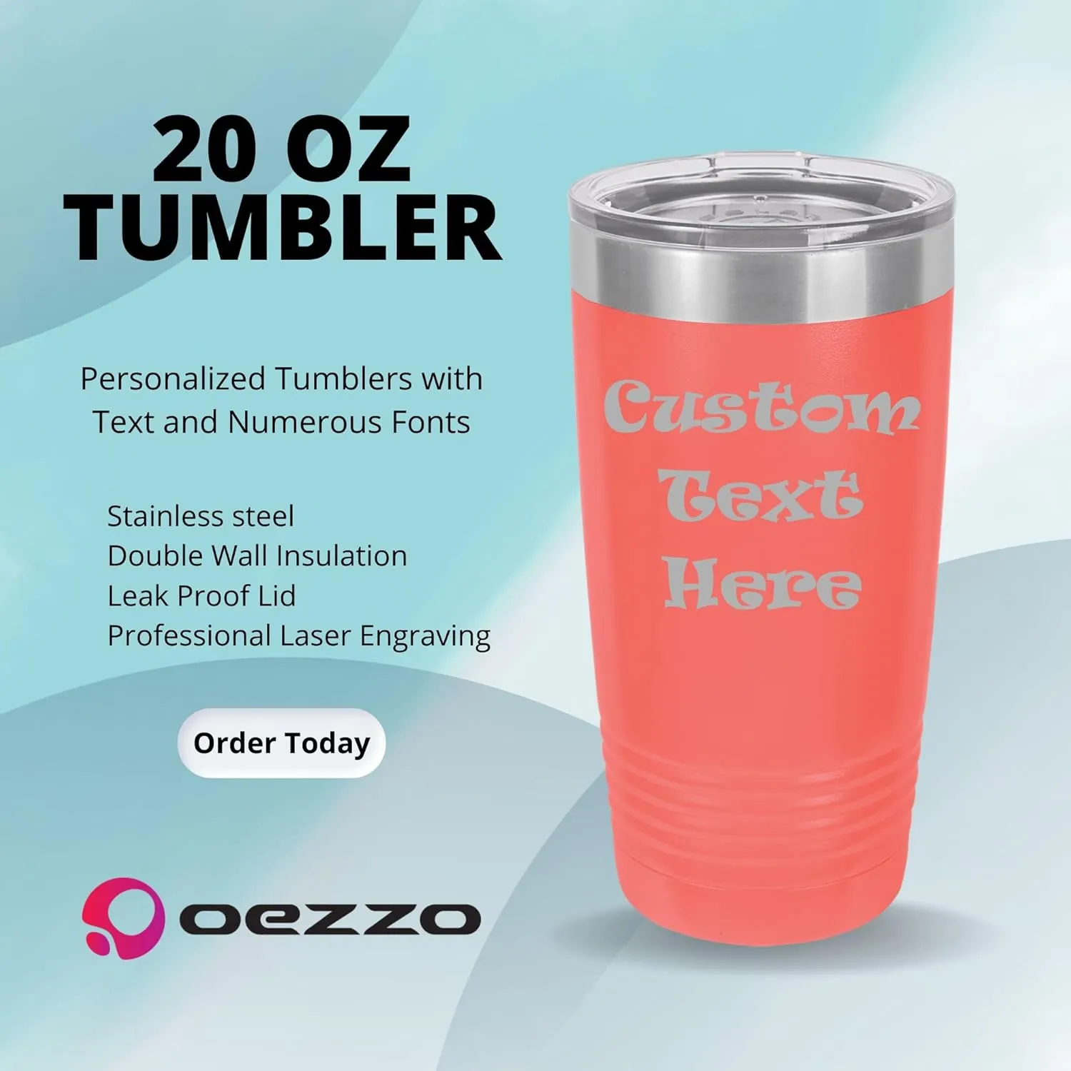 Coral Customized Tumblers, Double Wall Personalized Bottles, Laser Engraved Text for Special Holidays, Birthdays, Anniversaries, Travel Mugs for Coffee (Coral, 20oz)