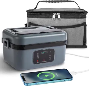 Cordless Electric Lunch Box, 16000mAh Battery Powered Heated lunch box with Reservation & Keep Warm Function, 60W Self Heating Lunch Box with 1L Removable 304 SS container and Insulated Bag
