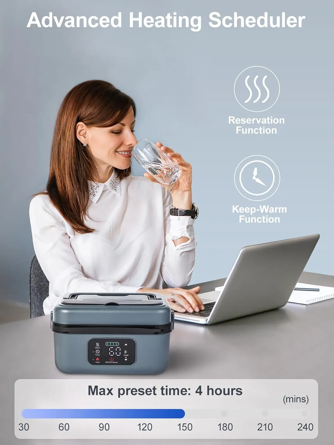 Cordless Electric Lunch Box, 16000mAh Battery Powered Heated lunch box with Reservation & Keep Warm Function, 60W Self Heating Lunch Box with 1L Removable 304 SS container and Insulated Bag