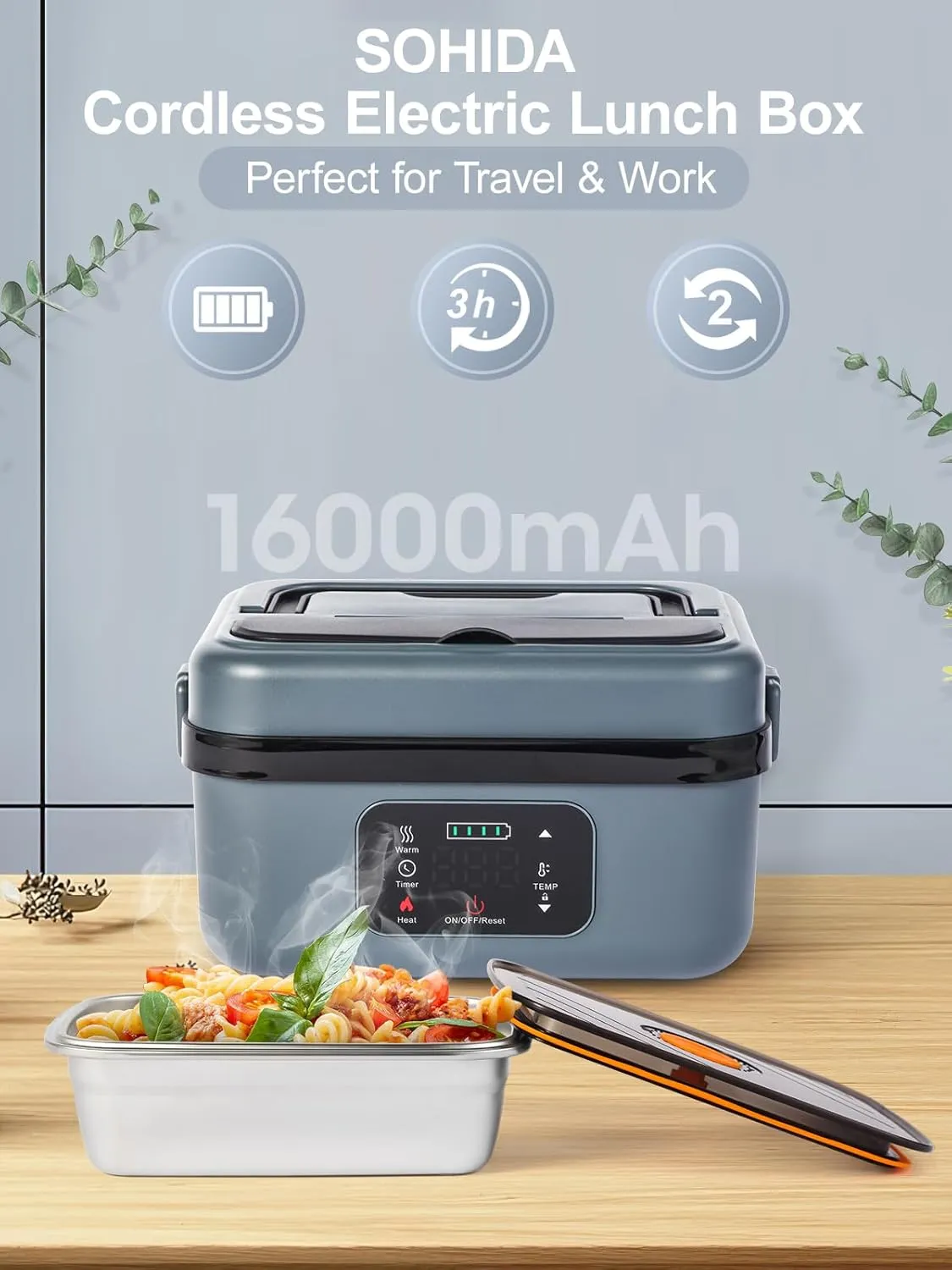Cordless Electric Lunch Box, 16000mAh Battery Powered Heated lunch box with Reservation & Keep Warm Function, 60W Self Heating Lunch Box with 1L Removable 304 SS container and Insulated Bag