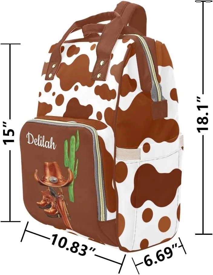 Cowboy Boots Farm Cow Print Personalized Diaper Bag Backpack Bookbag Name Daypack Large Mommy Bag for Boys Birthday Adult Girls