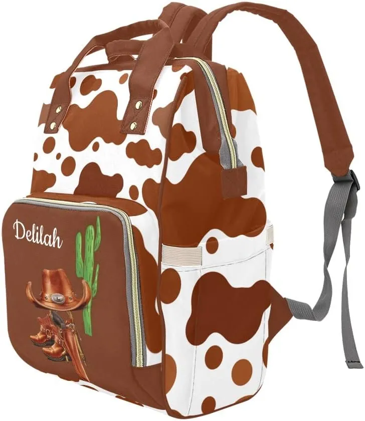 Cowboy Boots Farm Cow Print Personalized Diaper Bag Backpack Bookbag Name Daypack Large Mommy Bag for Boys Birthday Adult Girls