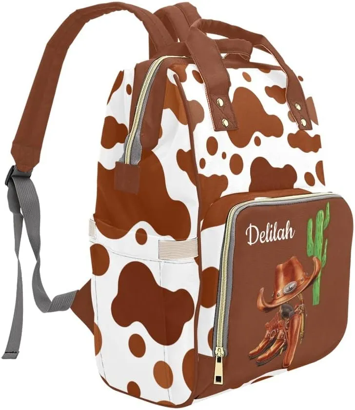 Cowboy Boots Farm Cow Print Personalized Diaper Bag Backpack Bookbag Name Daypack Large Mommy Bag for Boys Birthday Adult Girls