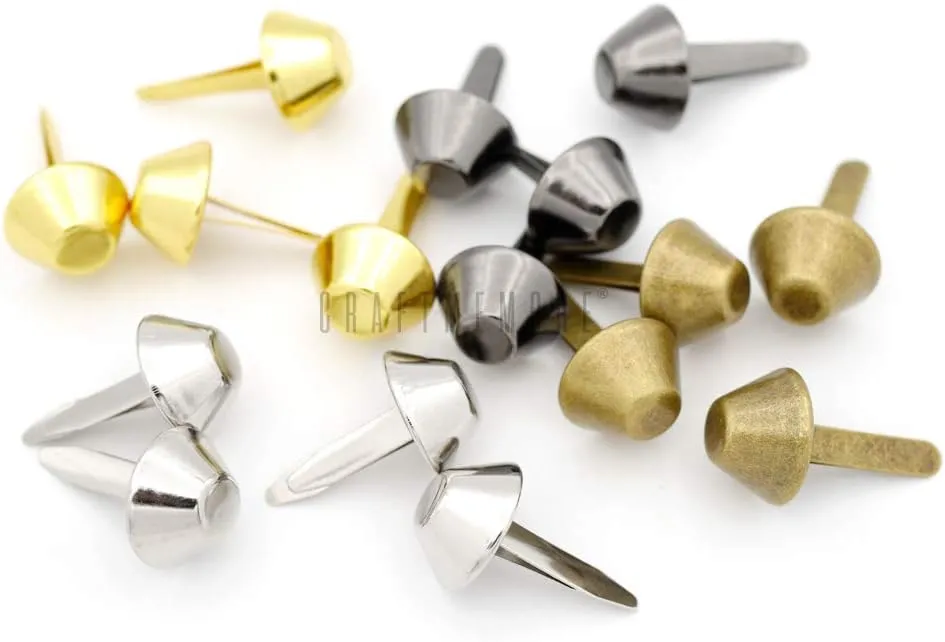 CRAFTMEMORE Cone Brads Purse Feet Handbag Flat Nailheads Spike Prong Studs Avail in Multiple Sizes 100 PCS (10 mm (≈3/8"), Gunmetal)