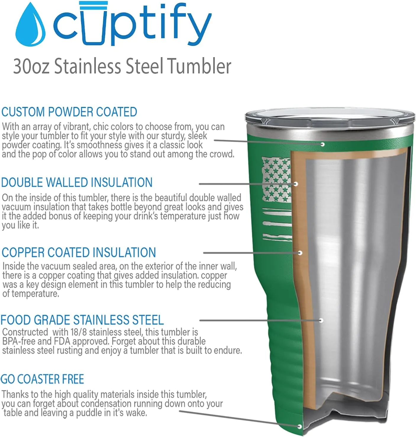 Crew American Flag Laser Engraved Green 30 oz Stainless Steel Tumbler Rowing Crew Gift with Lid Insulated Cup