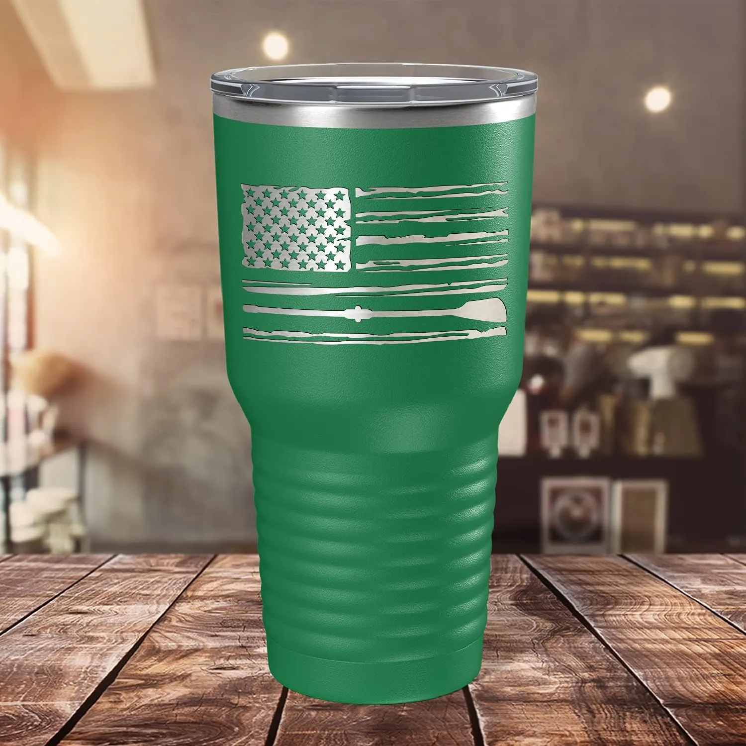 Crew American Flag Laser Engraved Green 30 oz Stainless Steel Tumbler Rowing Crew Gift with Lid Insulated Cup