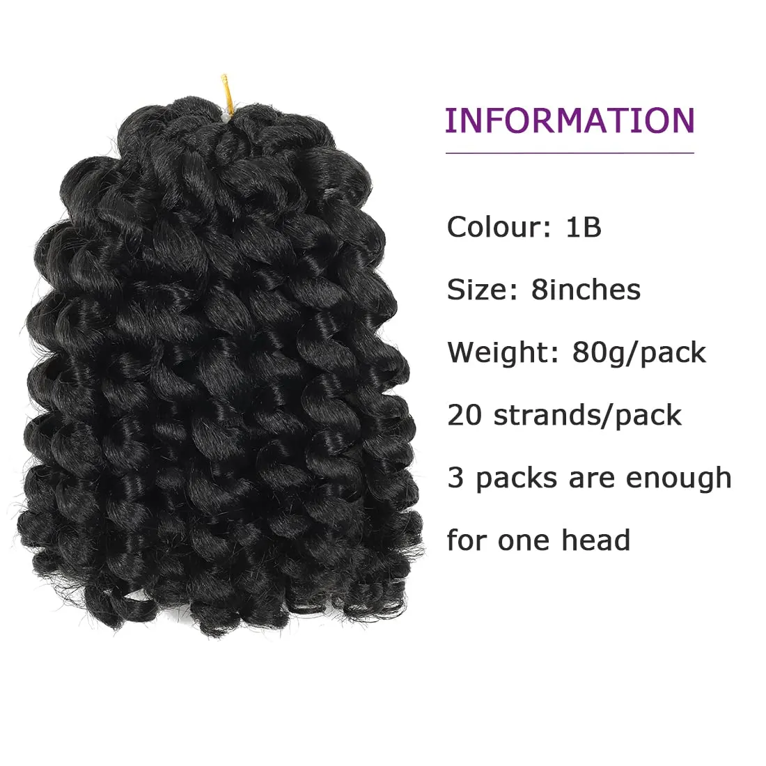 Crochet Braids Hair 8 Inch Jamaican Bounce Wand Curl Crochet Hair Curly Bounce Crochet Braids Hair Extension Twist Crochet Hair (3 PCS, 1B)