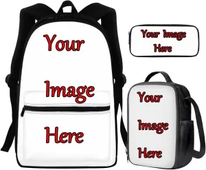 Custom 3 PCS Backpack for Elementary School Personalized School Bag Bookbag with Lunch Box Pencil Case Photo/DIY Pictures/Name Logo for Your Boys Girls Kids Back Pack School Daycare Satchel